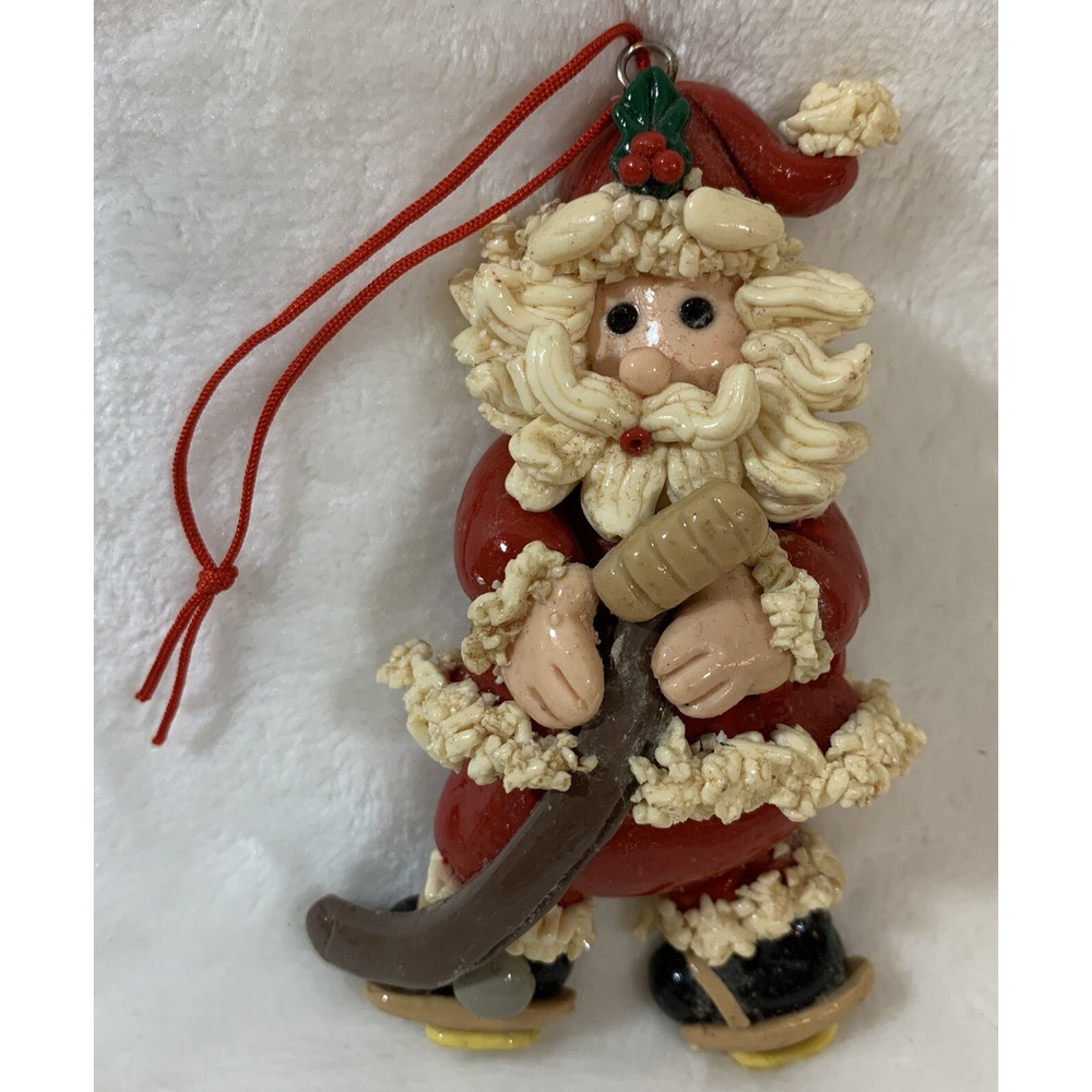 Vintage Glazed Dough Type Christmas Ornament Spaghetti Beard Hockey Player Santa